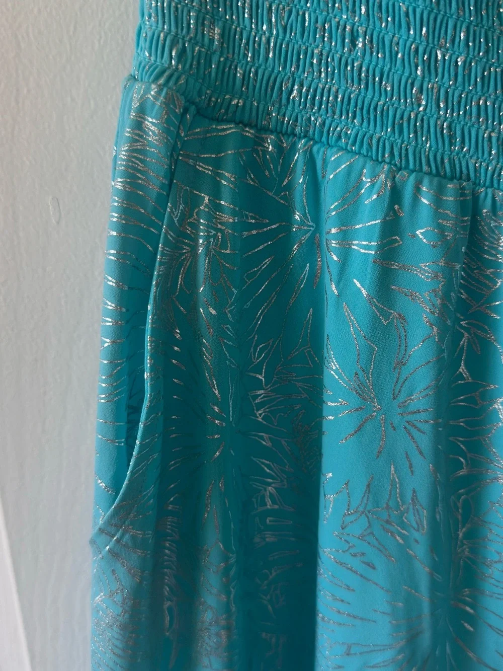 Michael Kors Turquoise Strapless Jumpsuit with Silver Foil Print